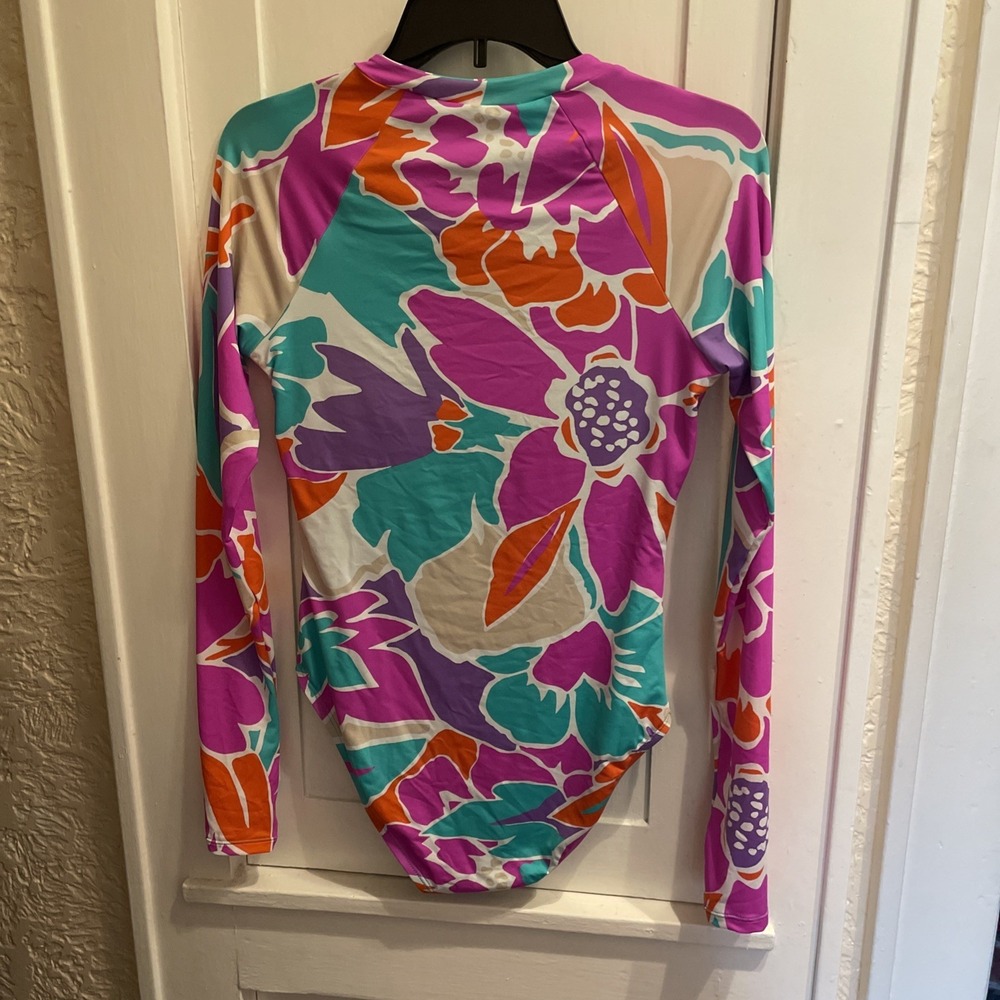 Trina Turk NWT Paddle B. Long Sleeve Floral One Piece Swimsuit Pastel Zip Medium - Picture 6 of 7